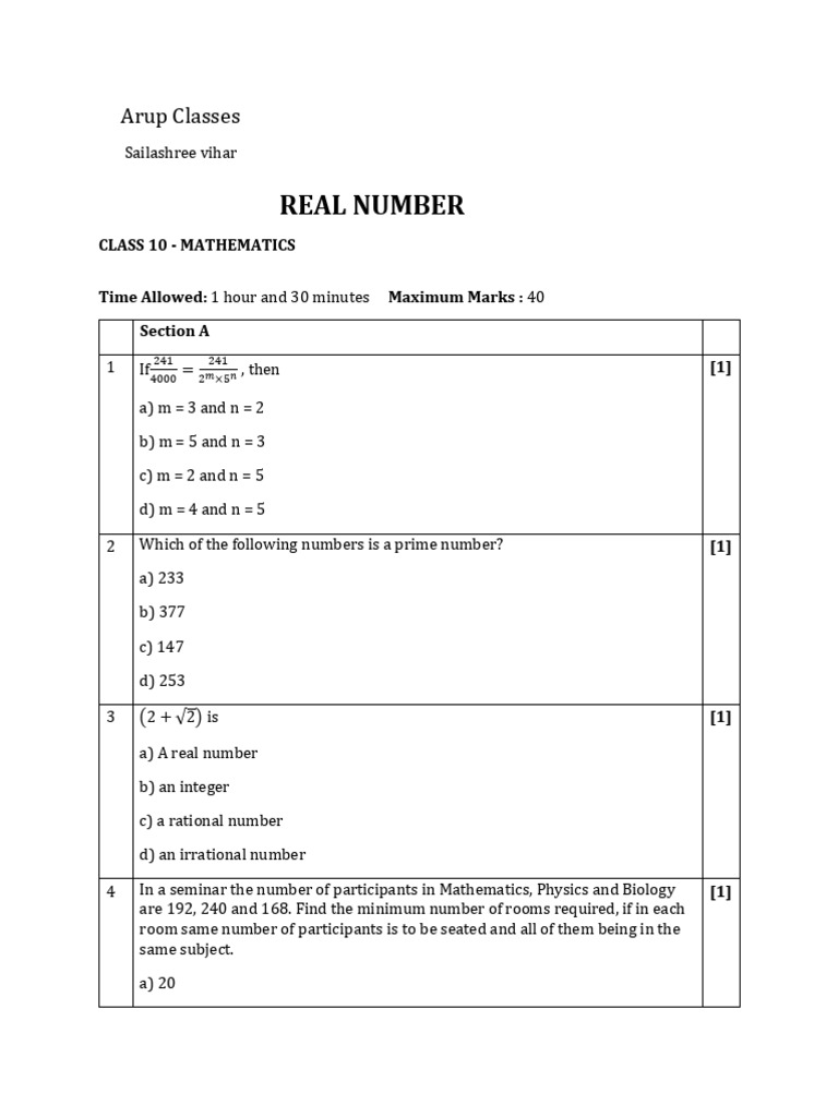 Class 10 Math Exam: Real Numbers | PDF | Numbers | Rational Number