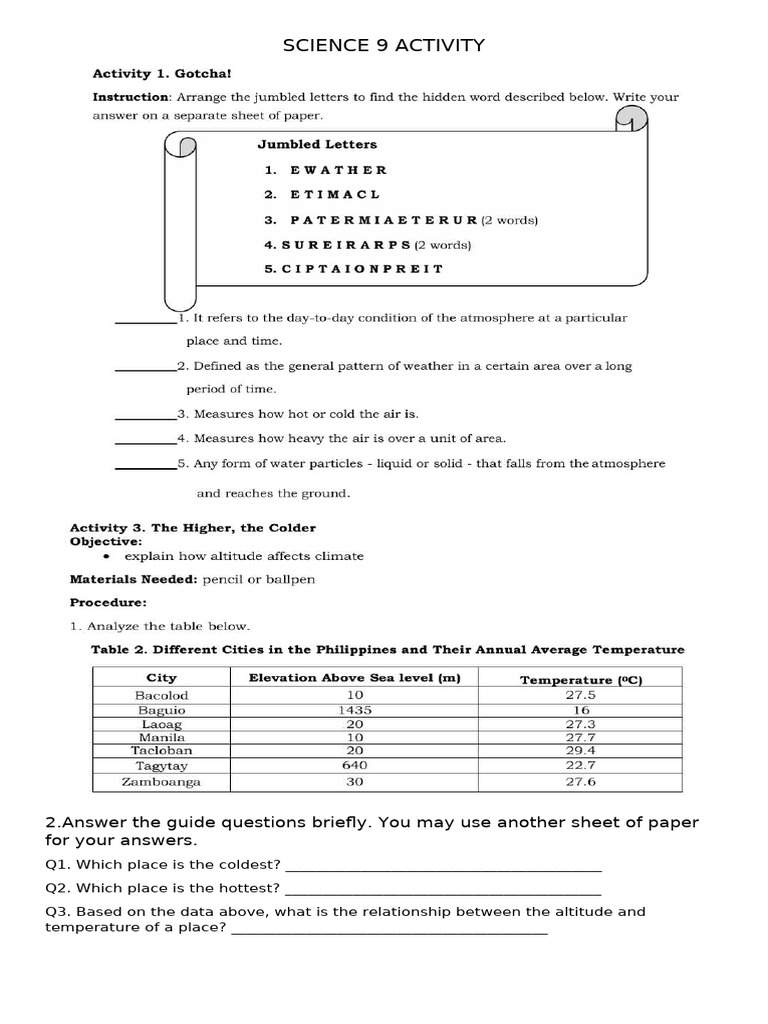 Science 9 Activity Weather | PDF