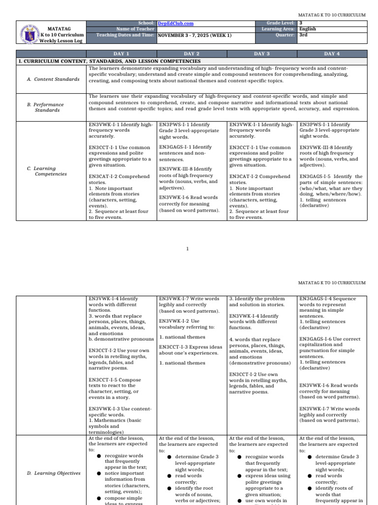 Grade 3 English Weekly Lesson Plan | PDF | Word | Narrative