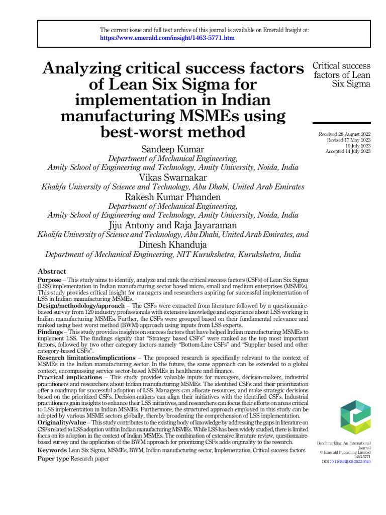 Analyzing Critical Success Factors of Lean Six Sigma For Implementation ...