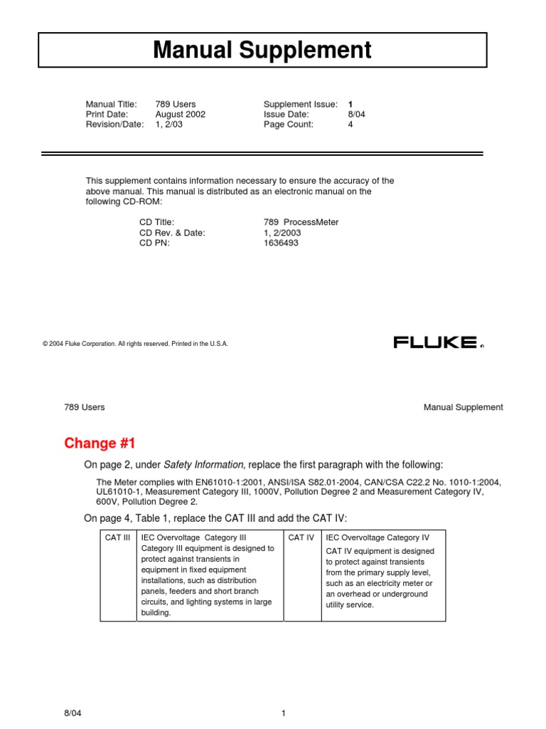 Manual Supplement: © 2004 Fluke Corporation. All Rights Reserved ...