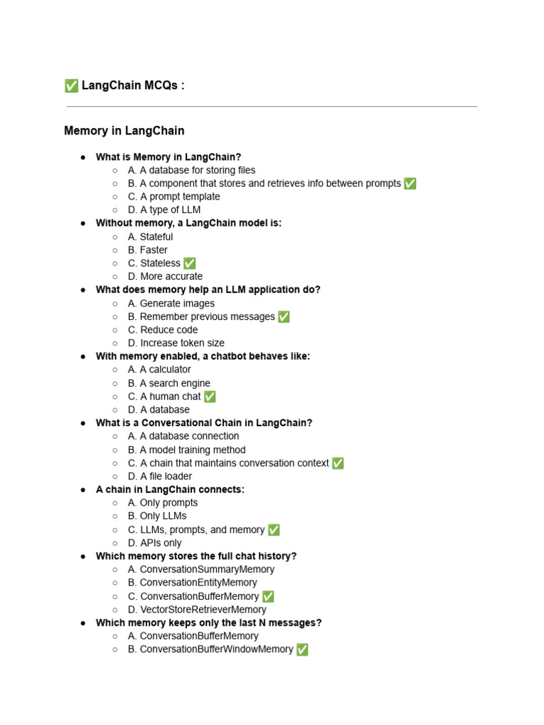 LangChain Memory and Chain MCQs Guide | PDF | Comma Separated Values ...