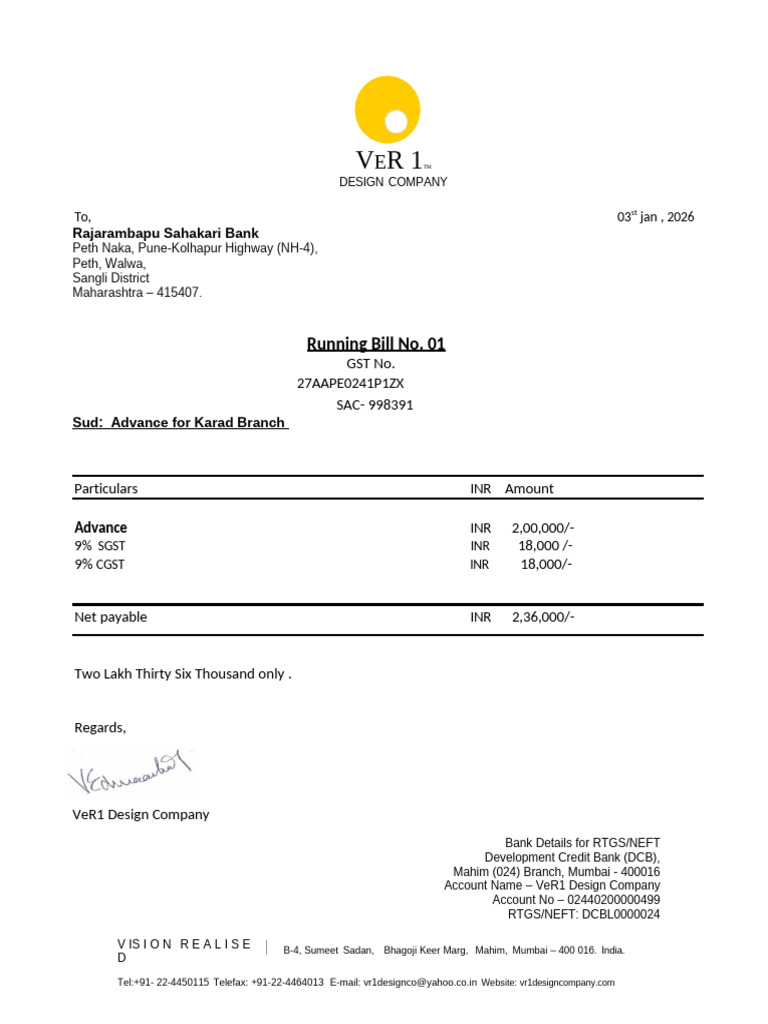 Running Bill 1 (R.R.B Karad Branch) | PDF