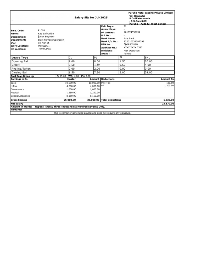 July 2025 Salary Slip Details | PDF | Taxes | Government Finances