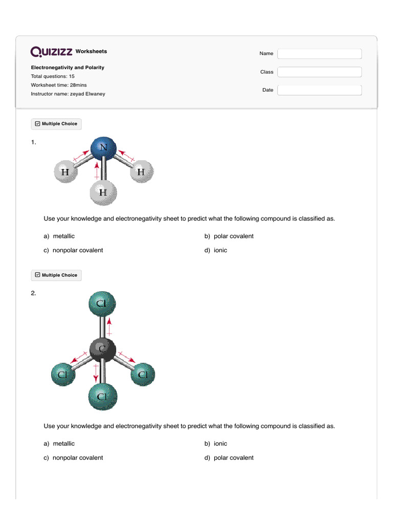 Electronegativity and Polarity Worksheets | PDF | Chemical Polarity ...