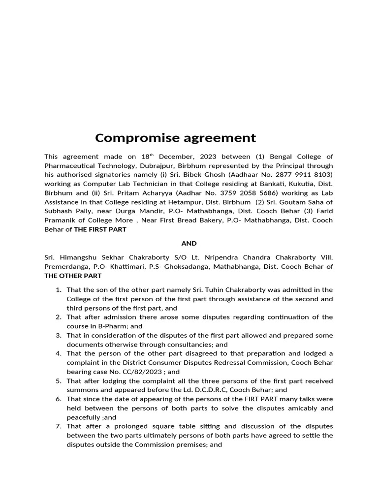 Compromise Agreement for B-Pharm Dispute | PDF