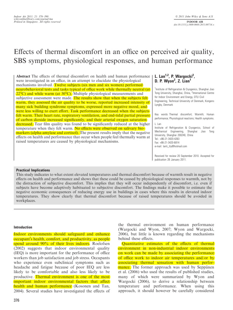 Thermal Discomfort's Impact on Office Performance | PDF | Heart Rate ...