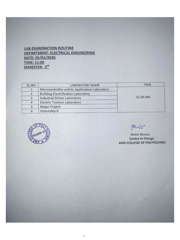 Ee 5th Sem Lab Exam Routine | PDF