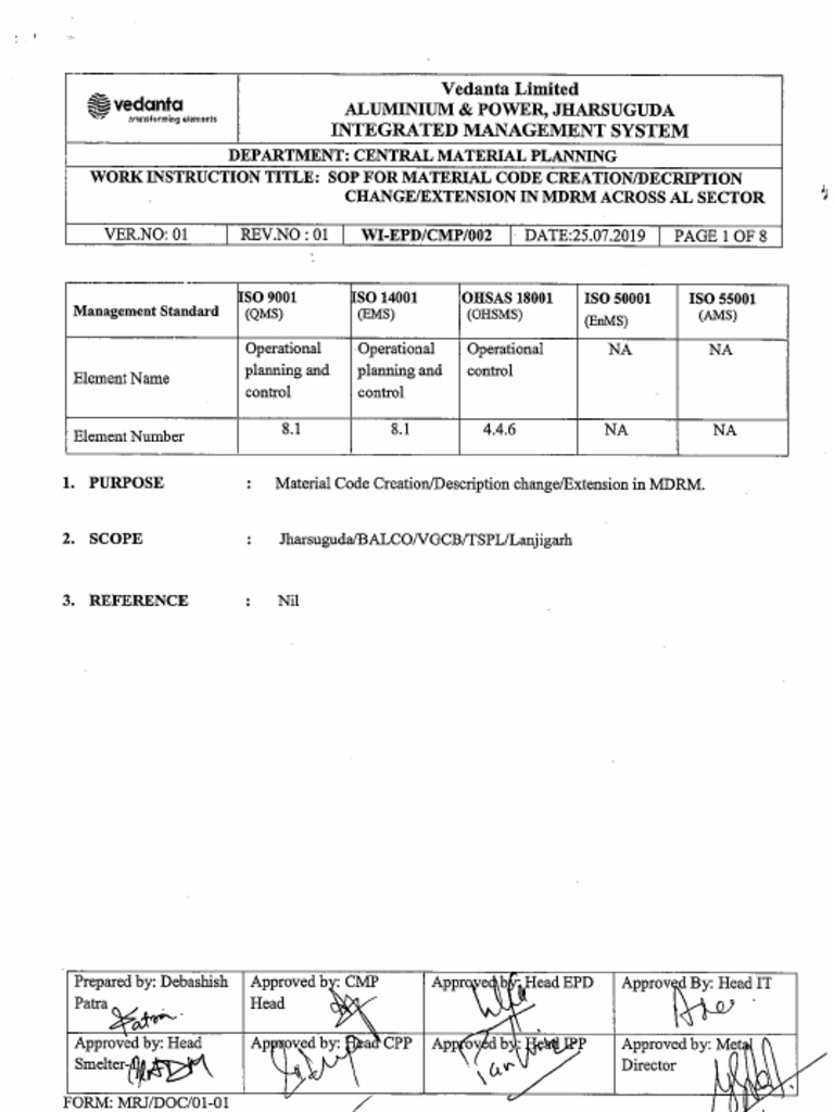 SOP For Material Code 1 | PDF