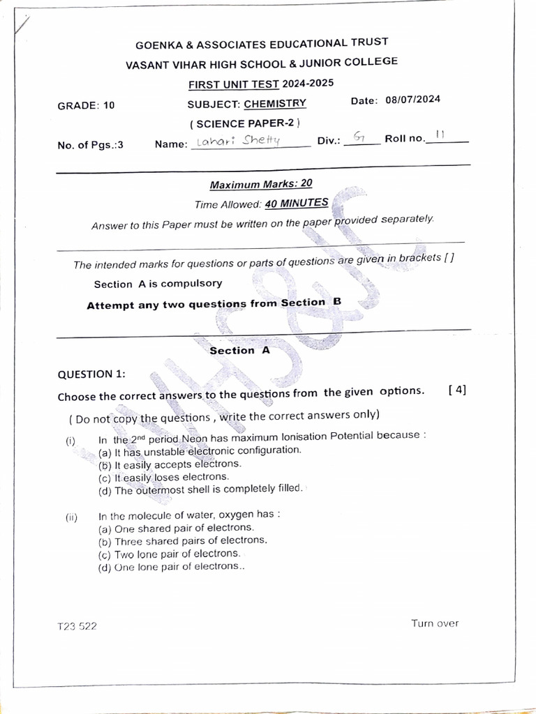 Grade 10 Chemistry Unit Test 2024 | PDF | Chemical Compounds | Chemical ...