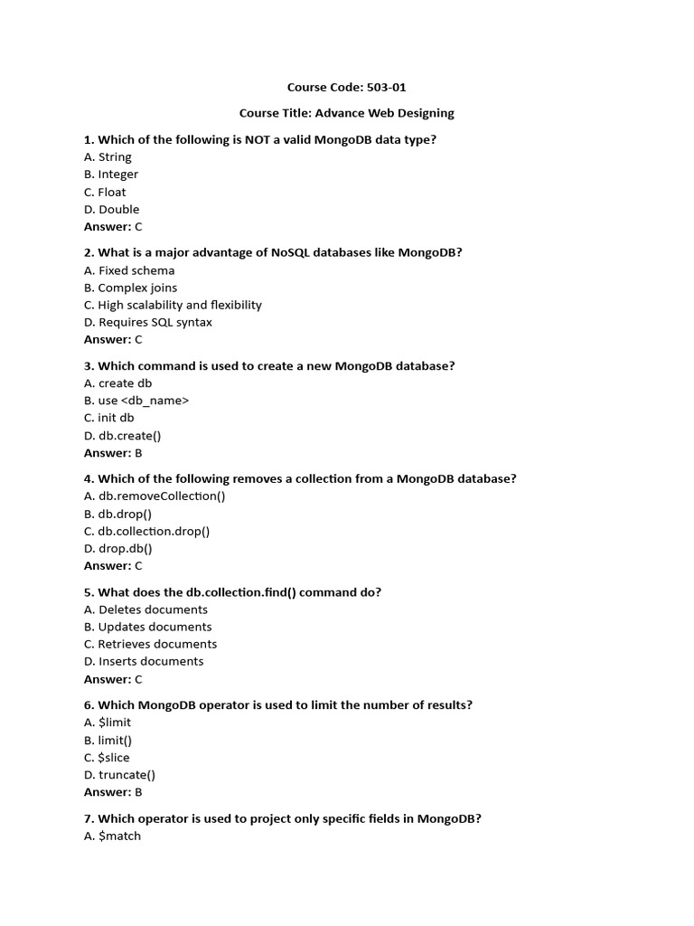 MongoDB and React Quiz Questions | PDF | Mongo Db | Software Development