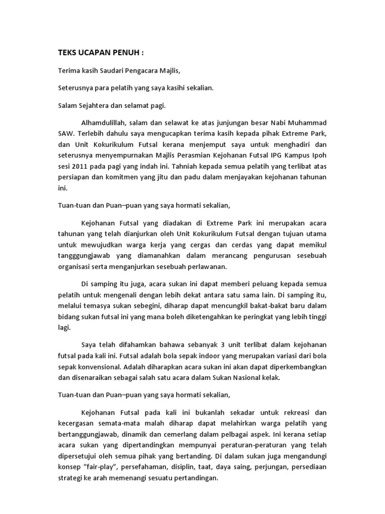 Teks Ucapan Perasmian Futsal 2011 Pdf