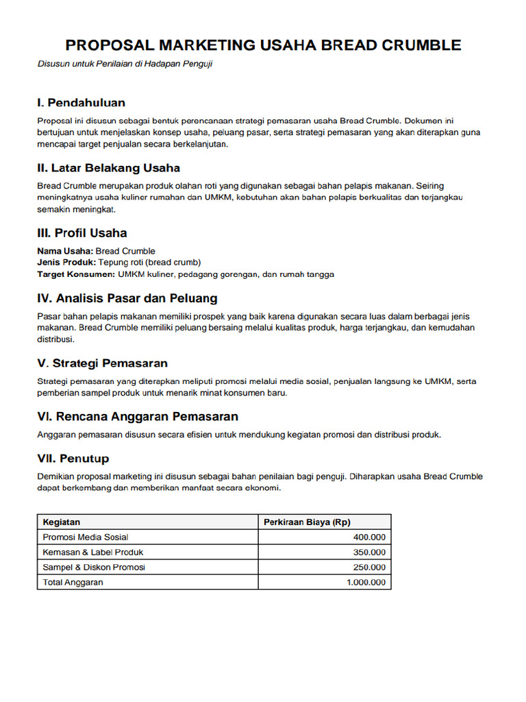 Proposal Marketing Bread Crumble Untuk Penguji | PDF