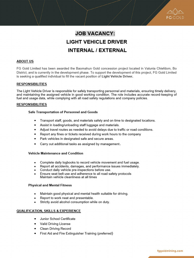 Light Vehicle Driver Job Vacancy | PDF | Driving | Vehicles