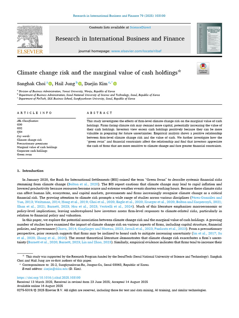 Climate Change Risk and The Marginal Value of Cash Holdings | PDF ...