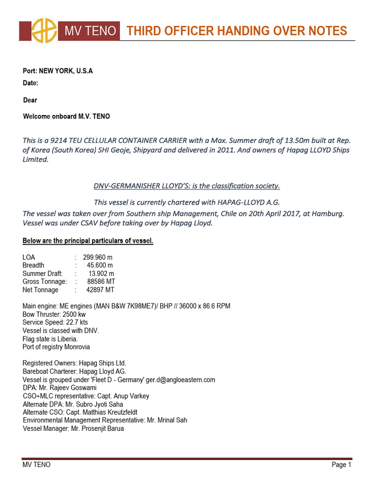 MV Teno Third Officer Handover Notes | PDF | Shipping | Water Transport