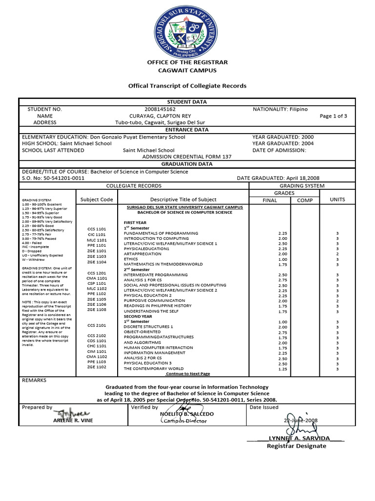 Official Transcript: BS in Computer Science | PDF | Science | Computer ...
