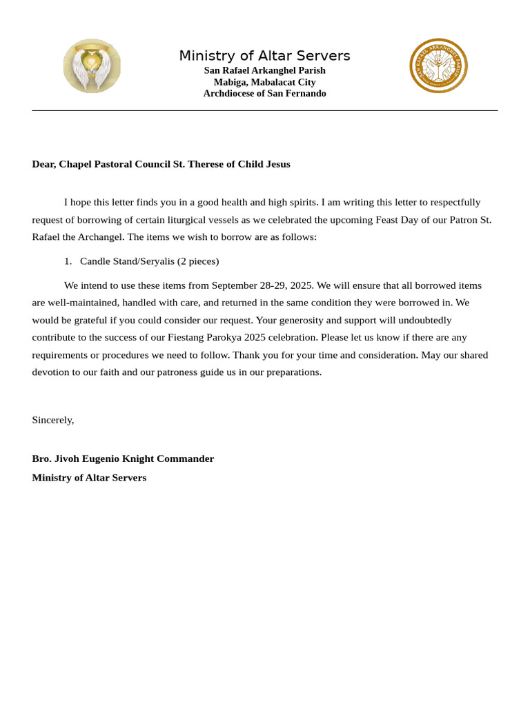 Request to Borrow Liturgical Vessels | PDF