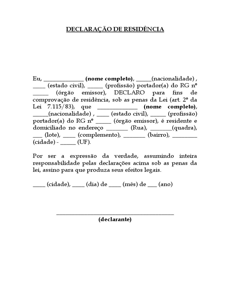 DECLARAÇÃO DE RESIDÊNCIA PARA TERCEIROS