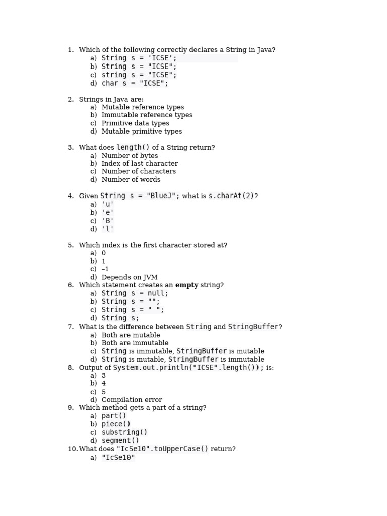 Java String Basics Quiz Questions | PDF | String (Computer Science ...