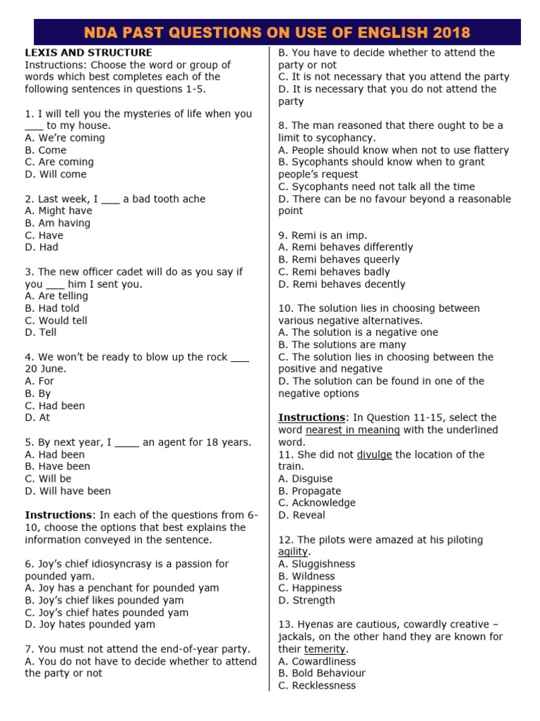 NDA English Past Questions 2018 | PDF | Cost Of Living