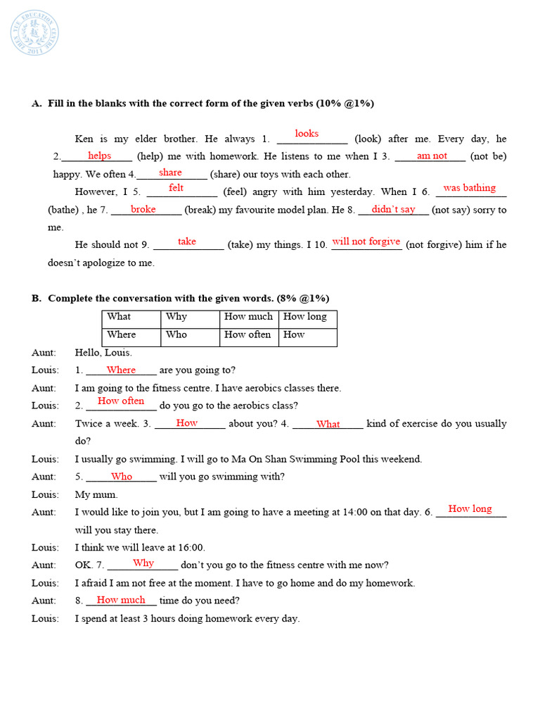 P5 English Exam 1 (Teacher Version) | PDF