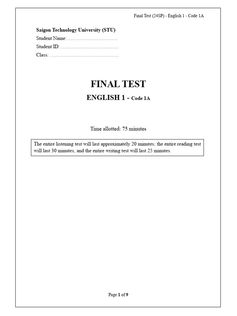 English 1 Final Test - Listening & Reading | PDF | Foods | Taste