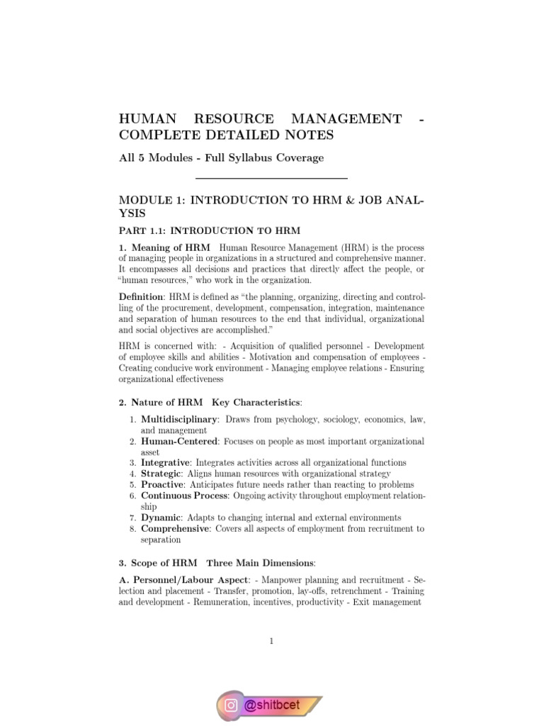 Comprehensive HRM Study Notes | PDF | Recruitment | Human Resource ...