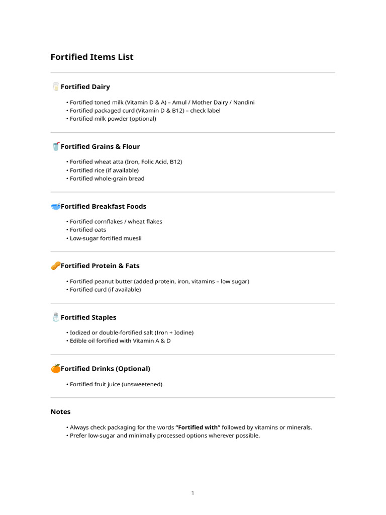 Essential Fortified Foods List | PDF