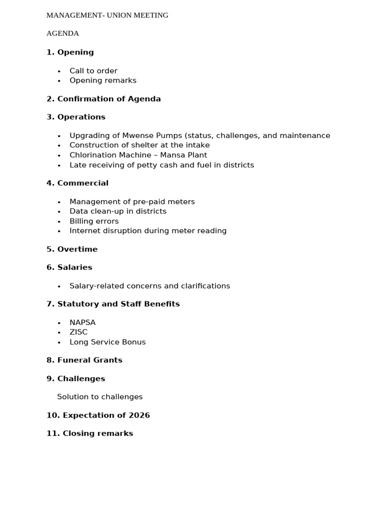 Union Management Meeting Agenda | PDF