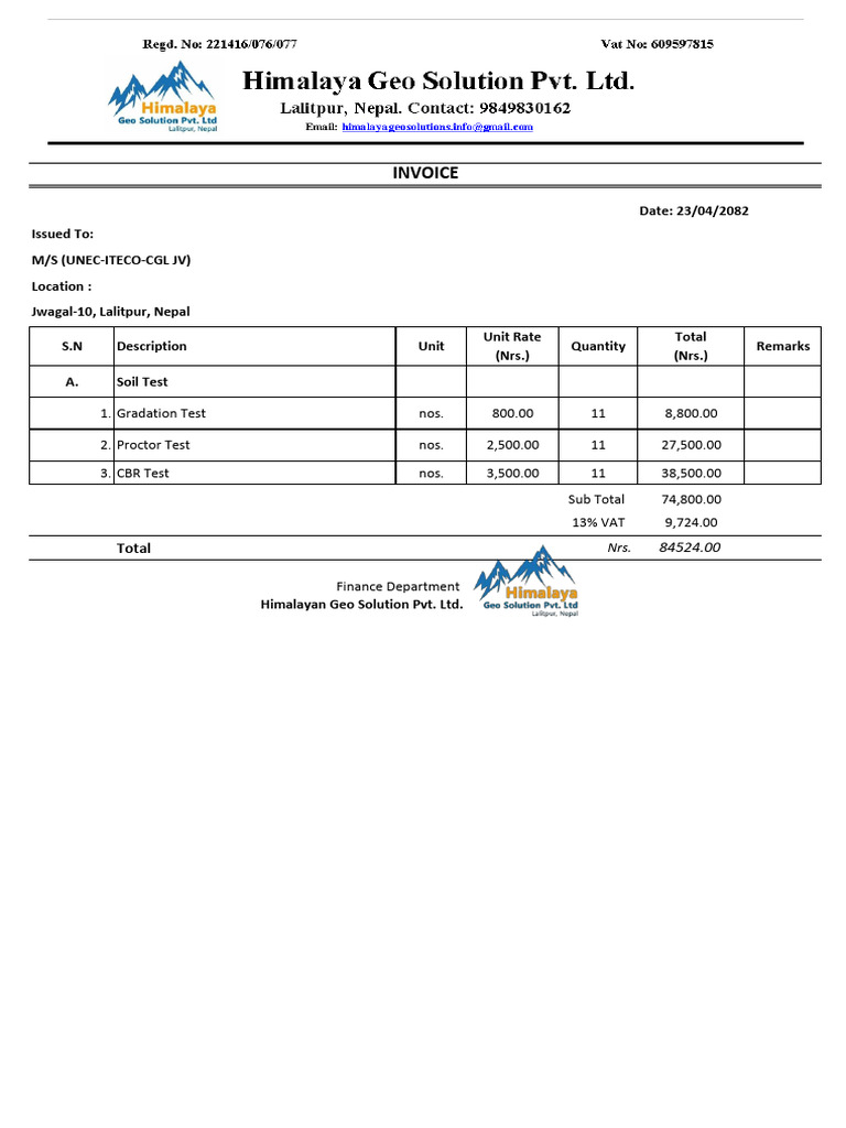 Soil Test Invoice for Himalayan Geo Solution | PDF
