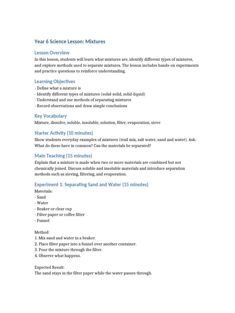 Year 6 Science Lesson Mixtures | PDF | Solubility | Mixture
