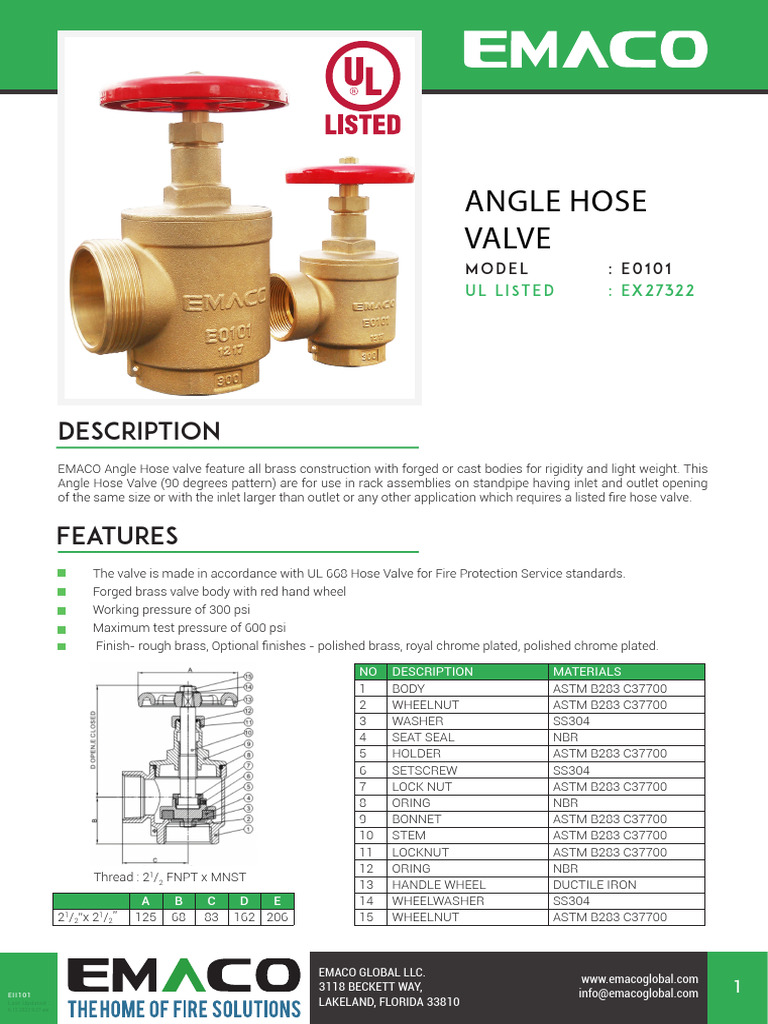 EMACO Angle Hose Valve Specifications | PDF | Valve | Pipe (Fluid ...