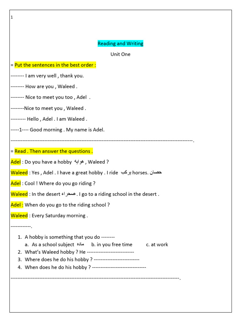 English Reading and Writing Exercises | PDF