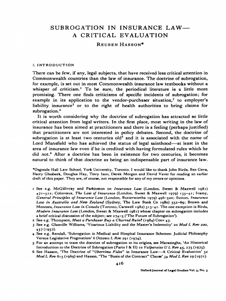 Critical Evaluation of Insurance Subrogation | PDF | Tort | Insurance