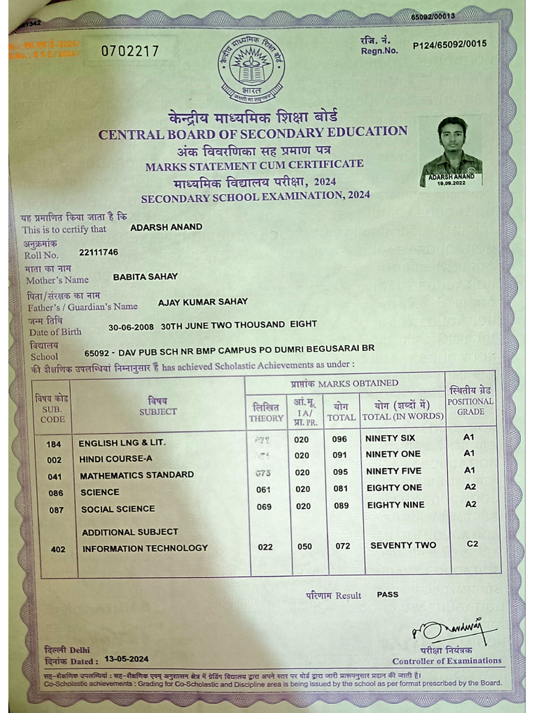 Class X Marksheet | PDF