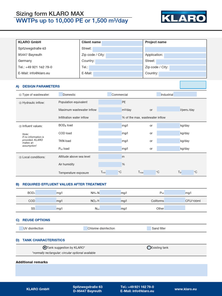 Sizing Form KLARO MAX WWTPs Up To 10 000 PE or 1 500 m3 Per Day 2024 ...