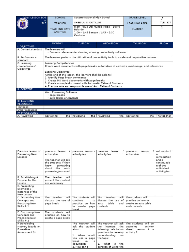 Daily Lesson Log for TLE - ICT Grade 7 | PDF | Cognitive Science ...