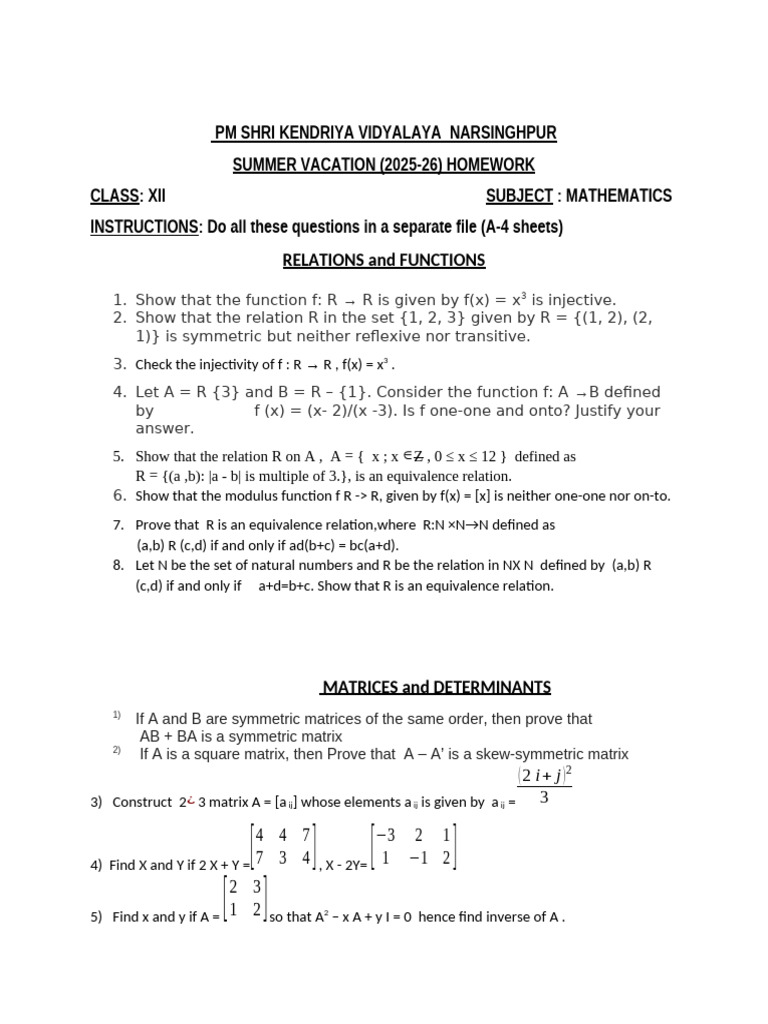 Class XII Mathematics Summer Homework | PDF | Matrix (Mathematics ...