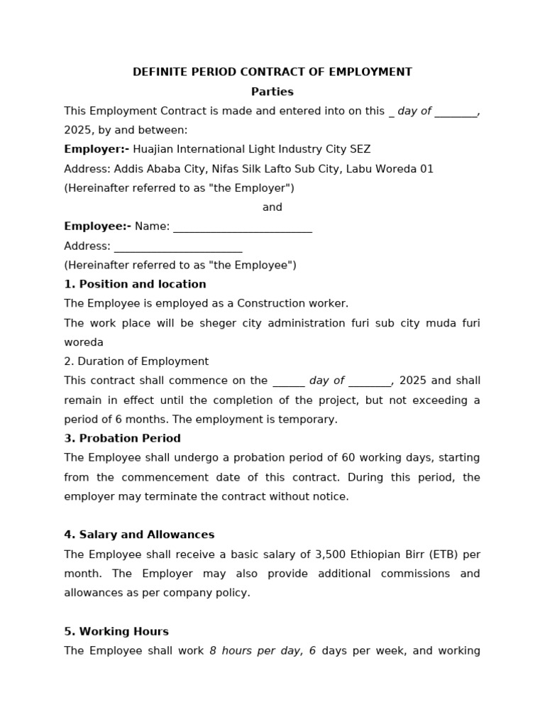 Temporary Employment Contract for Construction Worker | PDF