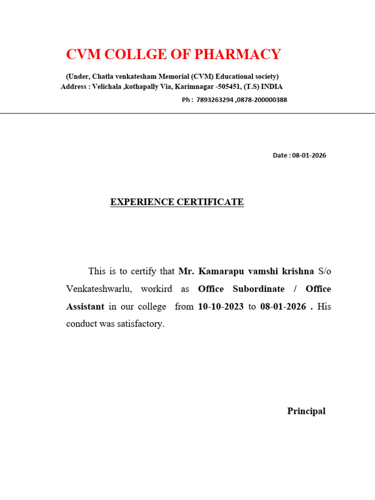Experience Certificate for Office Assistant | PDF