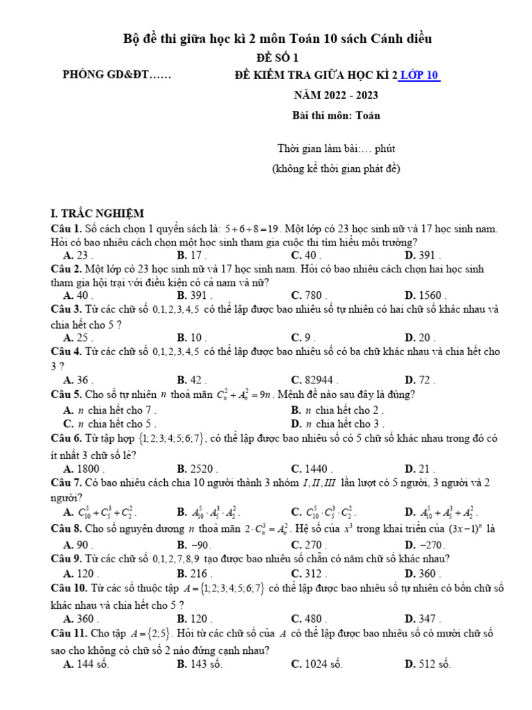 Bo de Thi Giua Hoc Ki 2 Mon Toan 10 Canh Dieu | PDF