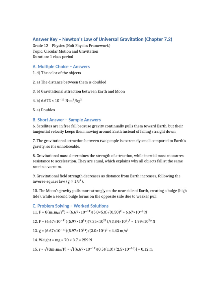 Newton's Universal Gravitation Answers | PDF | Gravity | Newton's Law Of Universal Gravitation