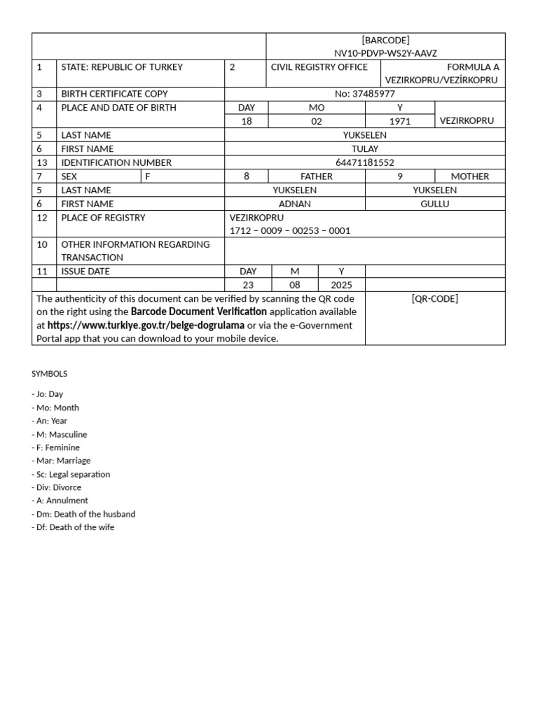 Turkish Birth Certificate Copy | PDF