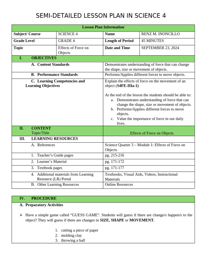 Template Semi Detailed LP 094947 | PDF | Force | Lesson Plan