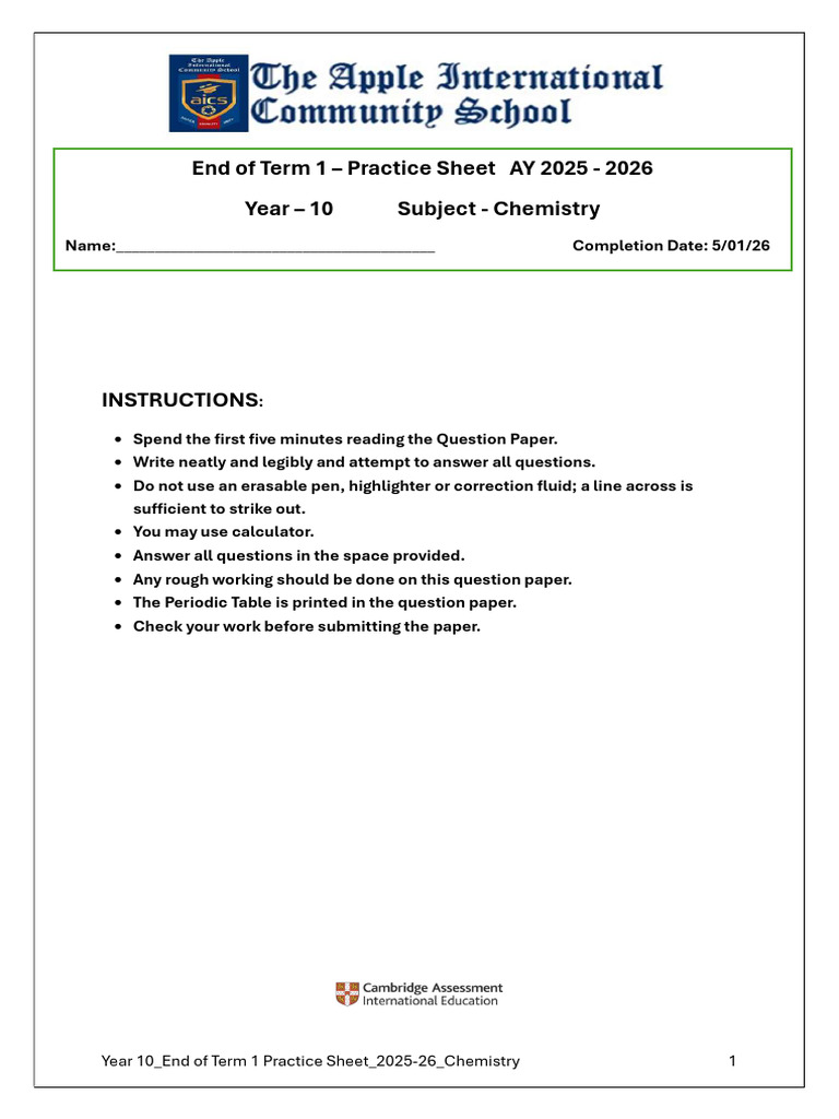AICS_Year10_Chemistry -0620_Term 1 Practice Sheet | PDF