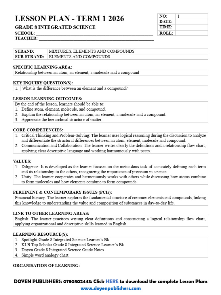 Grade 8 Science Lesson Plan: Atoms & Compounds | PDF | Chemical ...