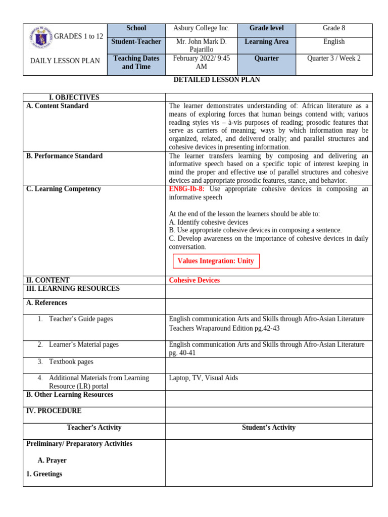 Detailed Lesson Plan in Cohesive Device | PDF | Lesson Plan | Learning