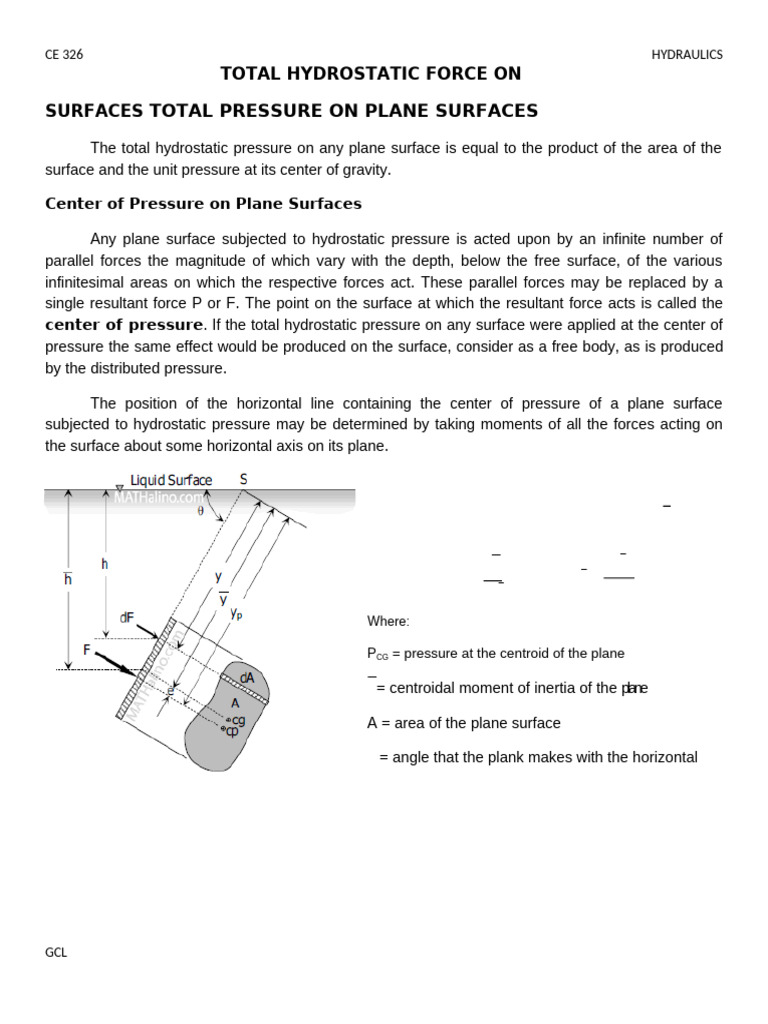 Hydrostatic Forces on Plane and Curved Surfaces | PDF | Force | Dam