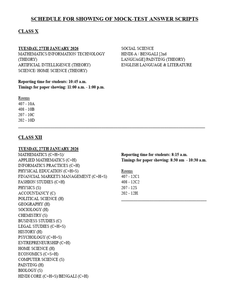 Mock Test Answer Script Schedule | PDF